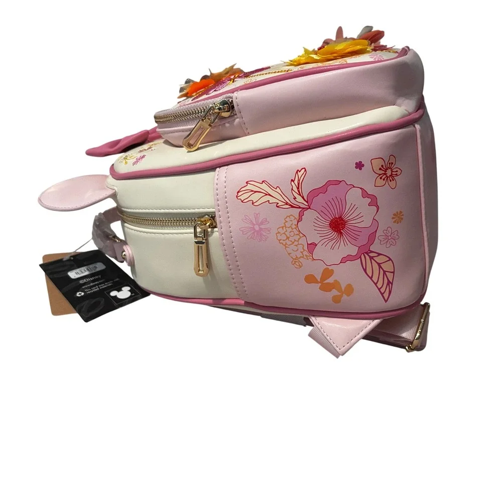Disney Minnie Mouse Floral Embroidered Magnetic Ears Backpack Pink Cream NEW
